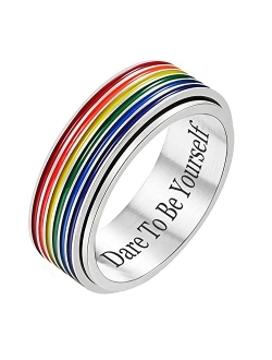 Nanafast LGBT Pride Ring Rainbow Flag Enamel Gay Lesbians Wedding Band 6mm/8mm/12mm Stainless Steel Spinner Ring for Men Women