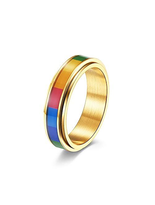 Nanafast LGBT Pride Ring Rainbow Flag Enamel Gay Lesbians Wedding Band 6mm/8mm/12mm Stainless Steel Spinner Ring for Men Women