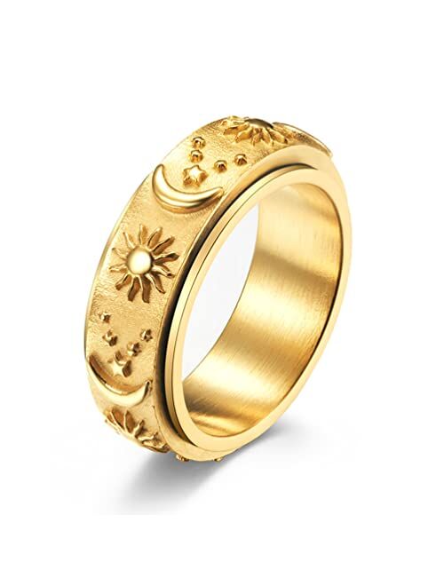 MOROYA 14K Gold Plated Anti Anxiety Ring for Women Men Sun Star Moon Stainless Steel Fidget Ring Gold Spinner Ring Band with Black Box Packed