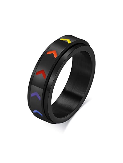 Mealguet Stainless Steel Black Enamel Rainbow Pride Stripe Pride Flag Gay & Lesbian Pride Ring Wedding Band for Men, LGBT Jewelry