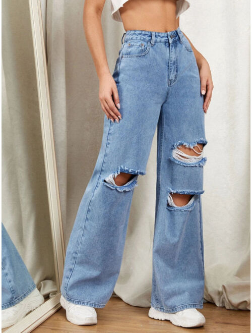 Shein Zipper Fly Ripped Detail Wide Leg Jeans