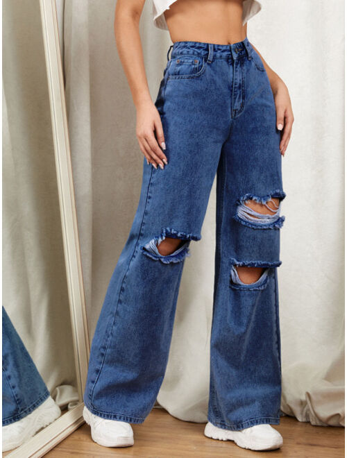 Shein Zipper Fly Ripped Detail Wide Leg Jeans