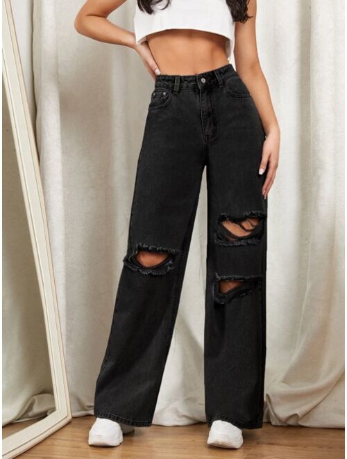 Shein Zipper Fly Ripped Detail Wide Leg Jeans