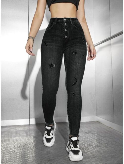 Shein High Waisted Button Fly Ripped Skinny Jeans