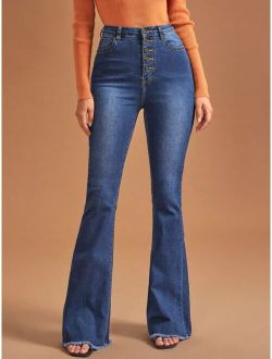 High Waist Button Front Flare Leg Jeans