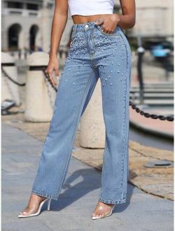 Rhinestone Detail Straight Leg Jeans