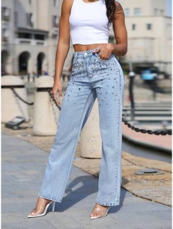 Rhinestone Detail Straight Leg Jeans