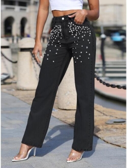 Rhinestone Detail Straight Leg Jeans