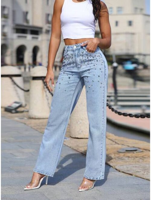 Shein Rhinestone Detail Straight Leg Jeans