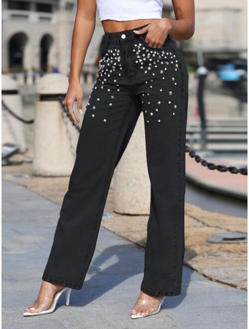 Shein Rhinestone Detail Straight Leg Jeans