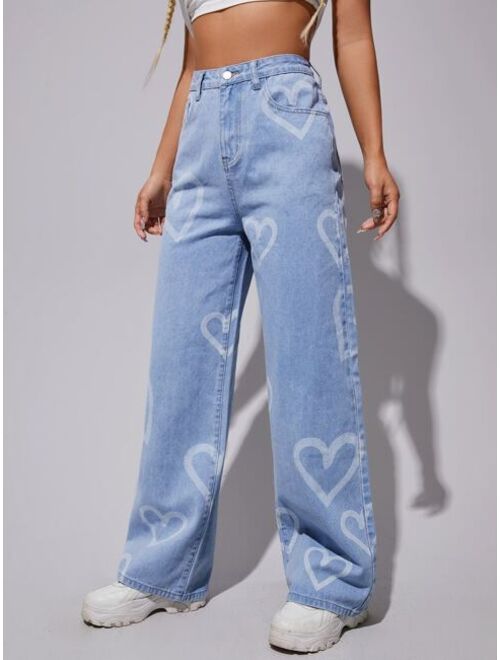 SHEIN High Waist Heart Print Wide Leg Jeans