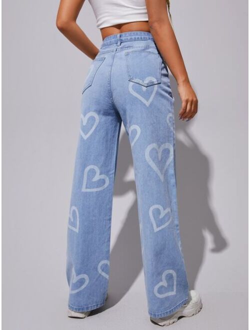 SHEIN High Waist Heart Print Wide Leg Jeans