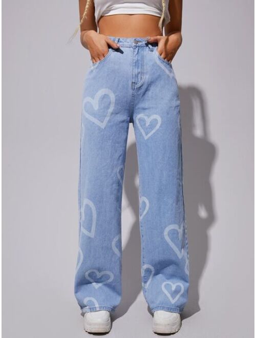 SHEIN High Waist Heart Print Wide Leg Jeans