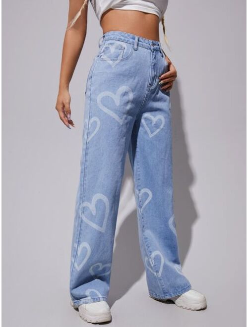 SHEIN High Waist Heart Print Wide Leg Jeans