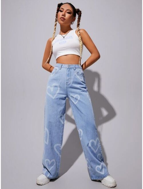 SHEIN High Waist Heart Print Wide Leg Jeans