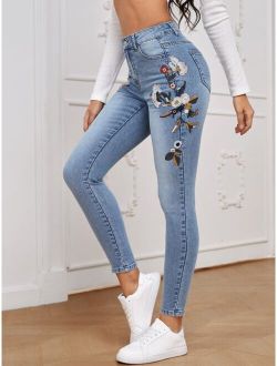 Floral Embroidery Skinny Jeans