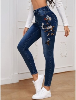 Floral Embroidery Skinny Jeans