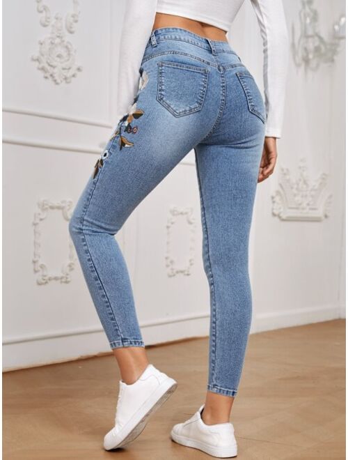 Shein Floral Embroidery Skinny Jeans