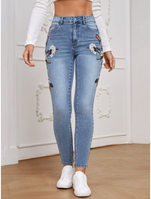 Shein Floral Embroidery Skinny Jeans