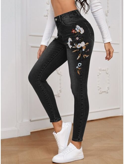 Shein Floral Embroidery Skinny Jeans