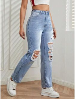 High Waist Ripped Straight Leg Jeans