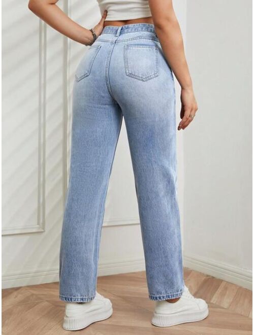 Shein High Waist Ripped Straight Leg Jeans