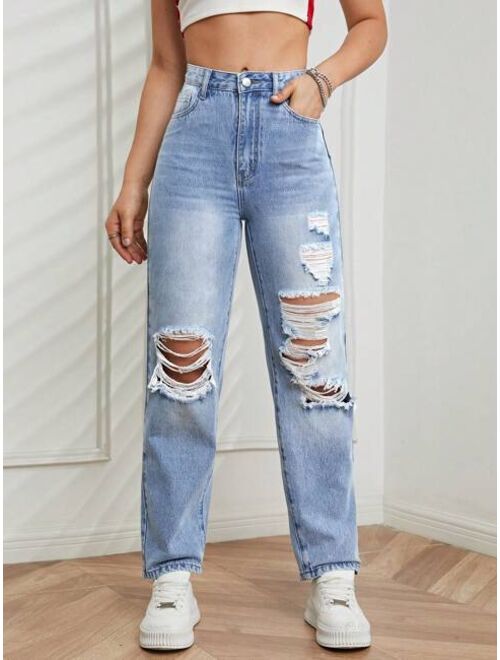 Shein High Waist Ripped Straight Leg Jeans