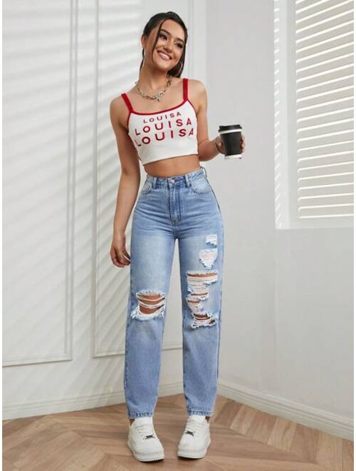 Shein High Waist Ripped Straight Leg Jeans