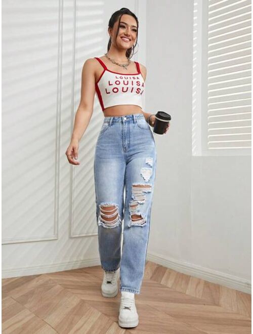 Shein High Waist Ripped Straight Leg Jeans