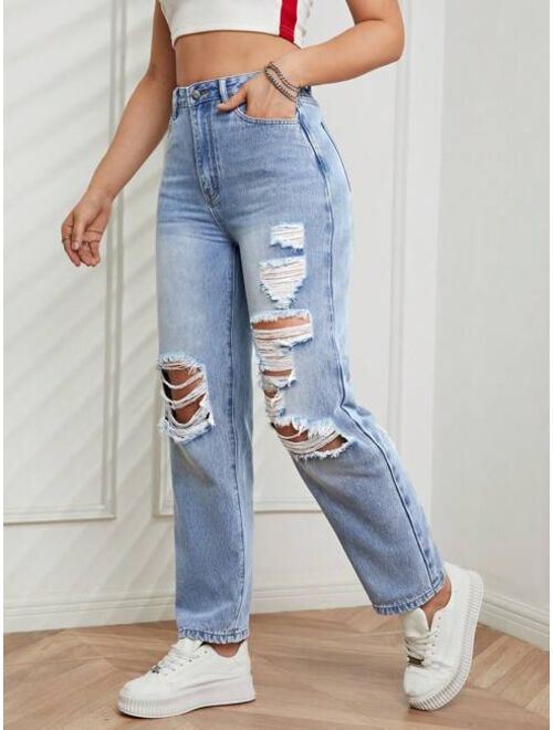 Shein High Waist Ripped Straight Leg Jeans