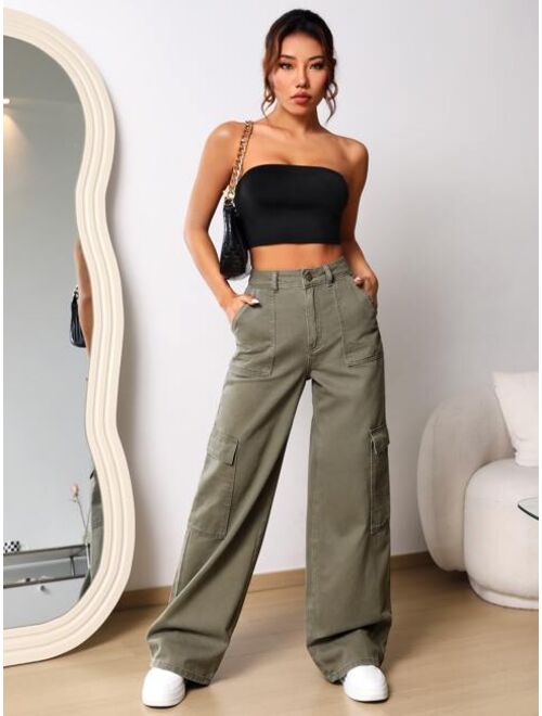 Shein Flap Pocket Wide Leg Jeans