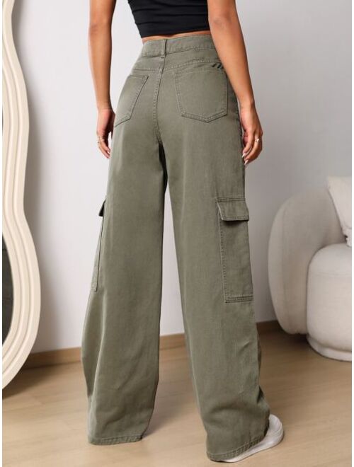 Shein Flap Pocket Wide Leg Jeans