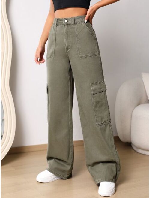 Shein Flap Pocket Wide Leg Jeans