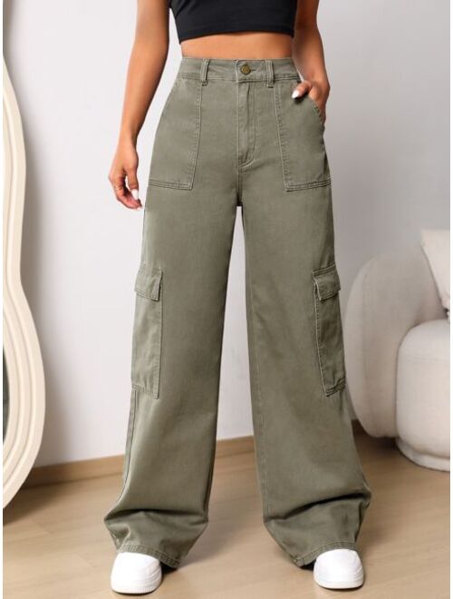 Shein Flap Pocket Wide Leg Jeans