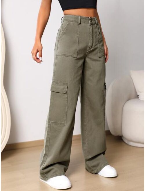 Shein Flap Pocket Wide Leg Jeans