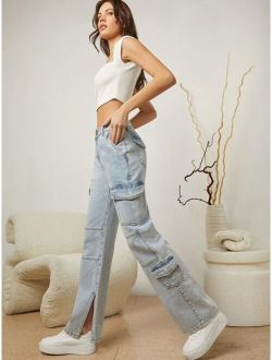 High Rise Light Acid Wash Split Hem Cargo Jeans