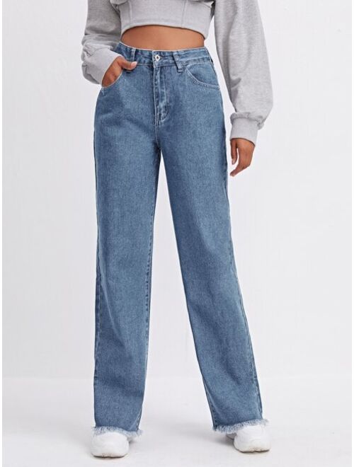 Shein High Waist Raw Hem Straight Leg Jeans