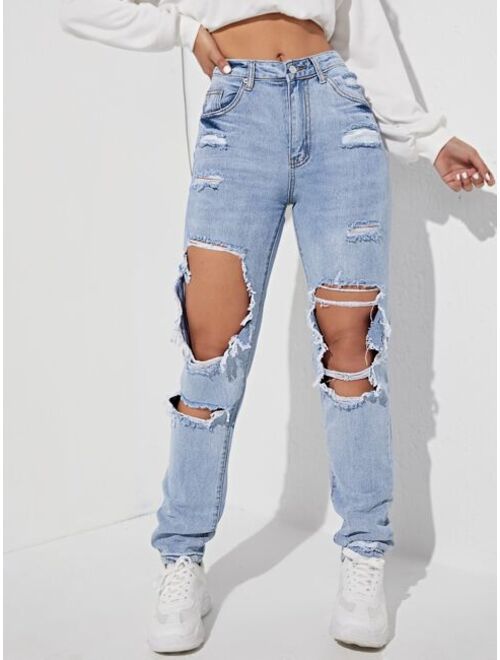 Shein Ripped Detail Straight Leg Jeans