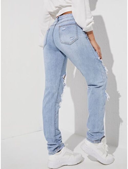 Shein Ripped Detail Straight Leg Jeans