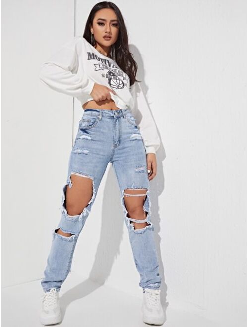 Shein Ripped Detail Straight Leg Jeans