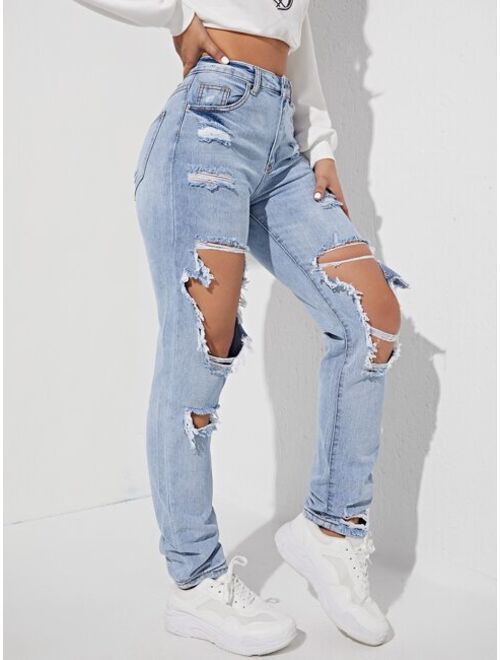 Shein Ripped Detail Straight Leg Jeans