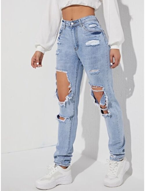 Shein Ripped Detail Straight Leg Jeans