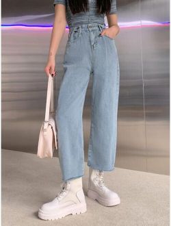 High Waist Frayed Hem Straight Leg Jeans