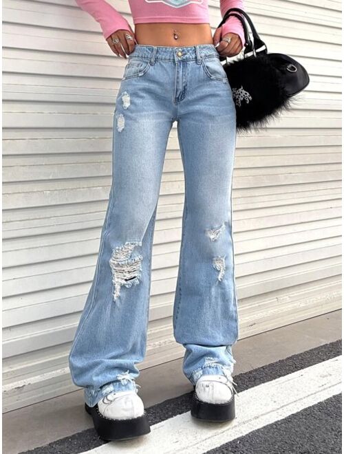 SHEIN ICON Ripped Washed Flare Leg Jeans