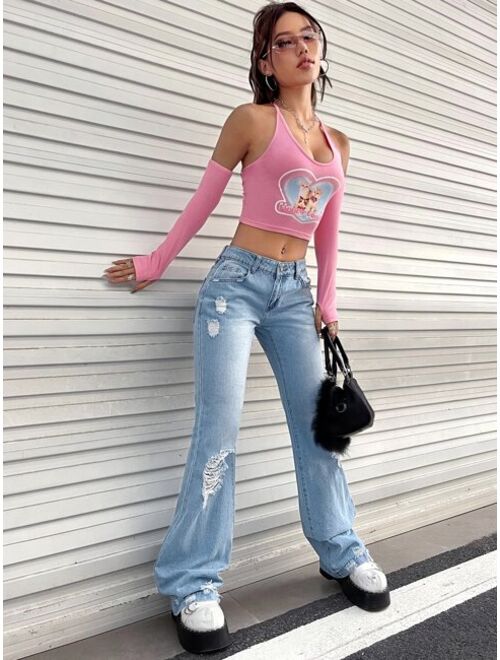 SHEIN ICON Ripped Washed Flare Leg Jeans