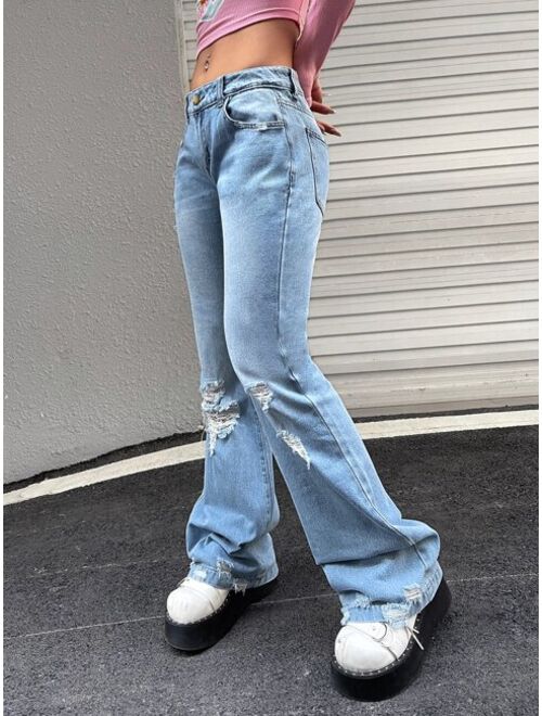 SHEIN ICON Ripped Washed Flare Leg Jeans