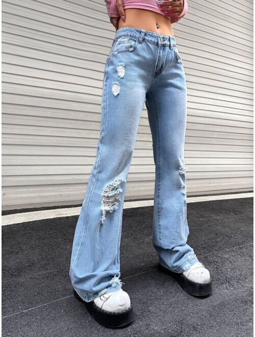 SHEIN ICON Ripped Washed Flare Leg Jeans