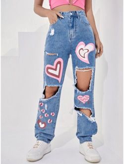 High Waist Heart Print Cut out Jeans