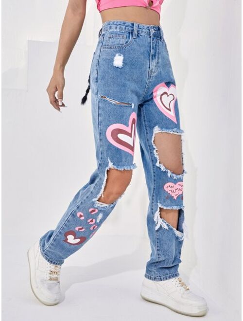 Shein High Waist Heart Print Cut out Jeans