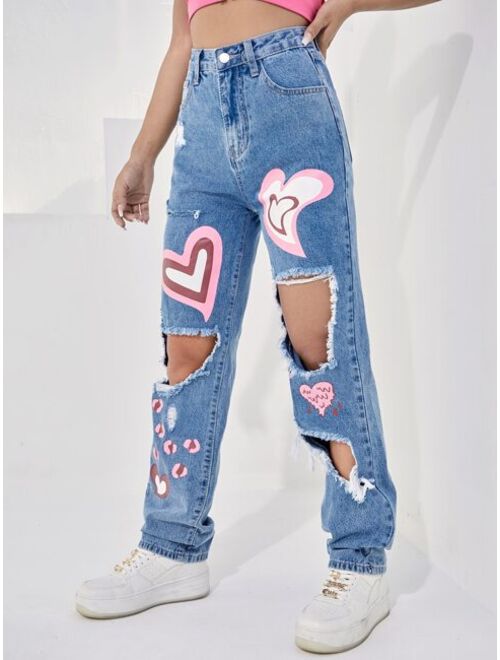 Shein High Waist Heart Print Cut out Jeans